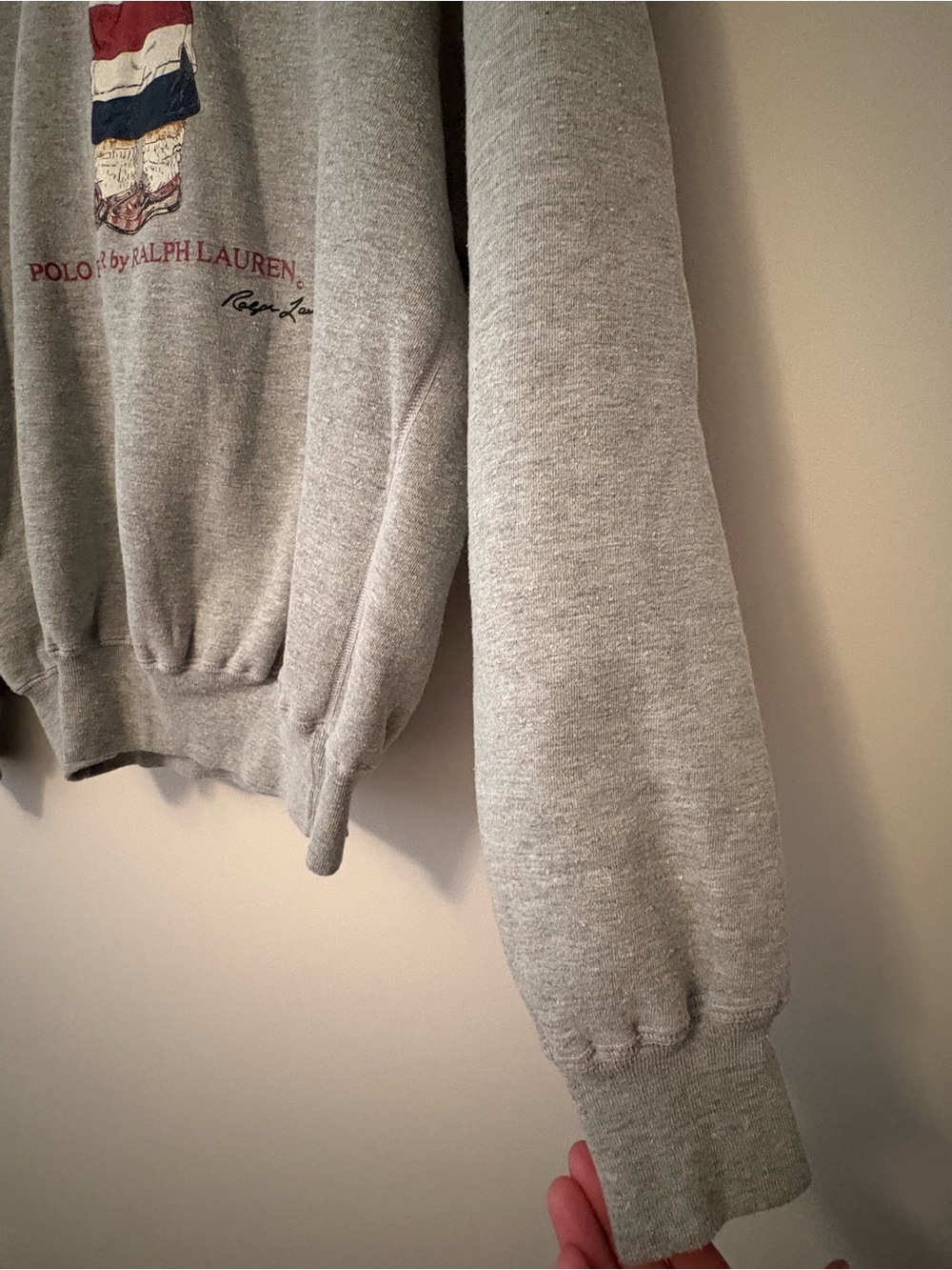 Vintage 90s Polo Ralph Lauren Rugby Polo Bear Heather Grey Hoodie — Size M - Picture 4 of 10